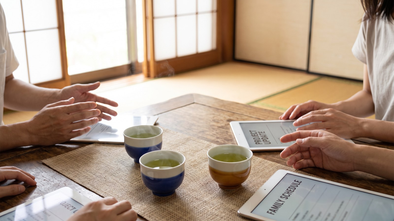 実家で話し合う家族の手元