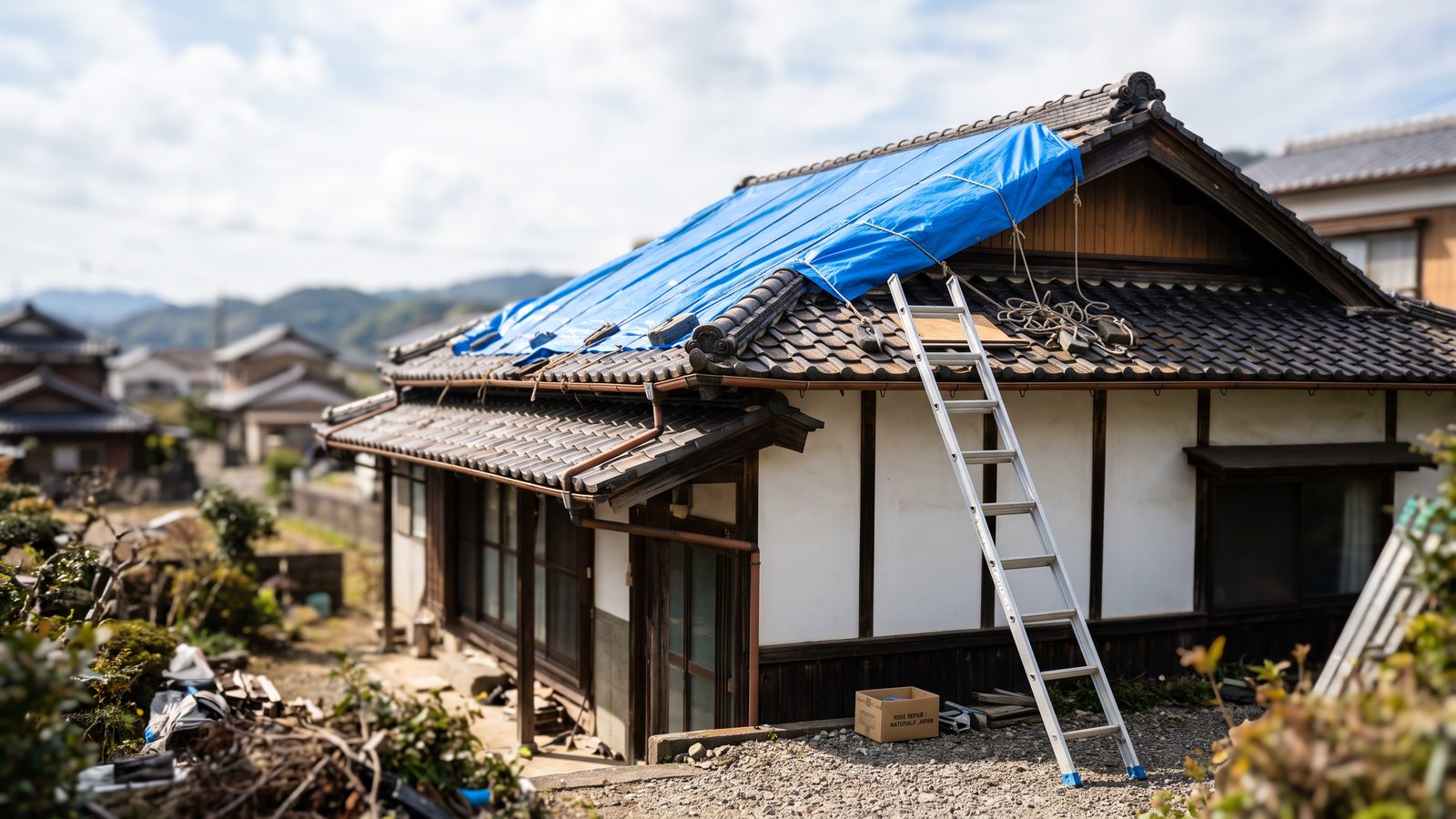 屋根にシートを掛けた住宅