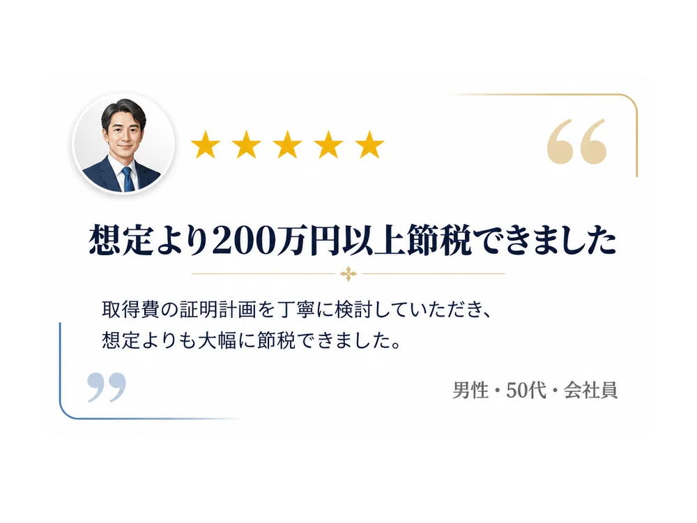 お客様の声：想定より200万円以上節税できました。取得費の証明計画を丁寧に検討していただき、想定よりも大幅に節税できました。（男性・50代・会社員）